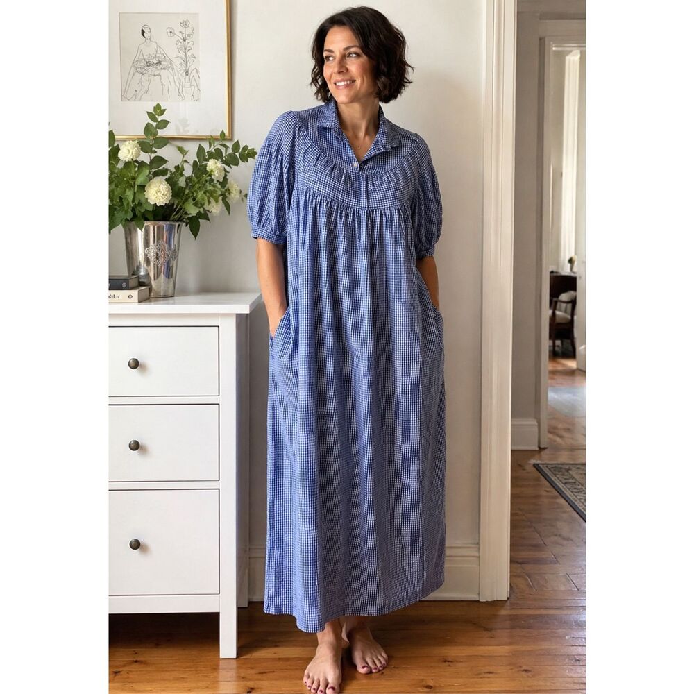Vintage Brownstone Studio House Dress Mumu Caftan Blue Gingham USA